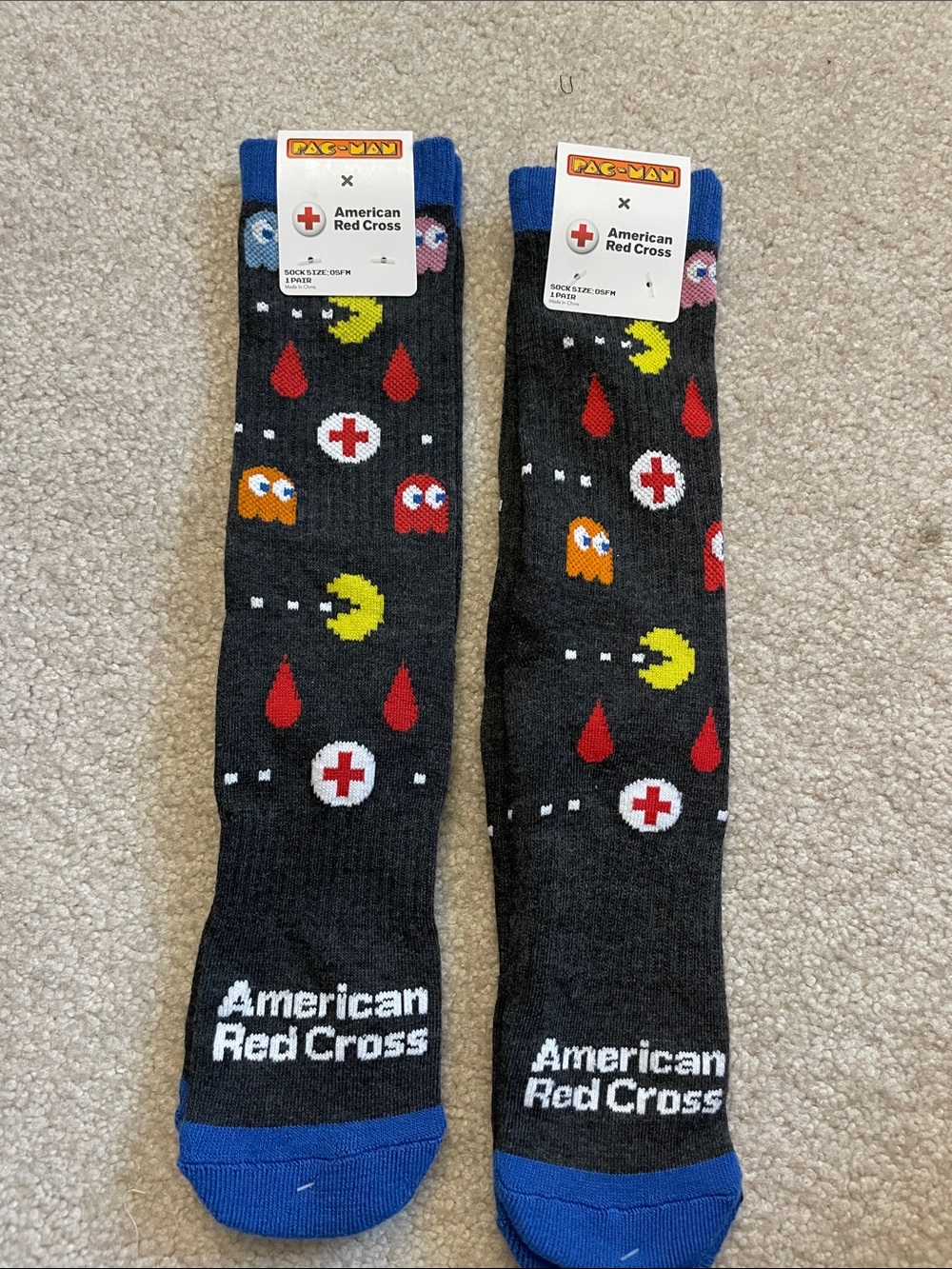 American Red Cross x Pac-Man Black Novelty Crew Socks with Blue Trim